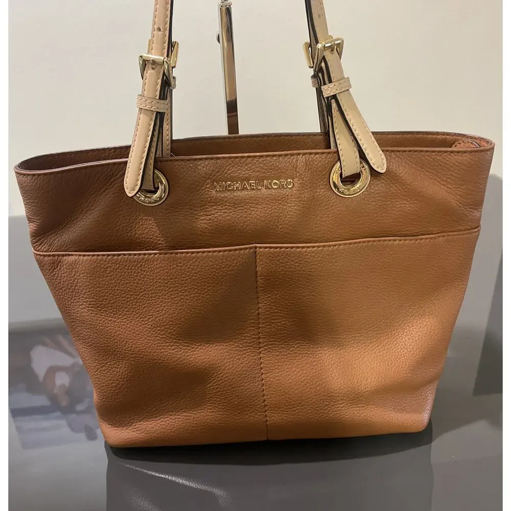Michael Kors Bedford Pebbled Leather Brown Top Zip Pocket Handbag Tote Bag